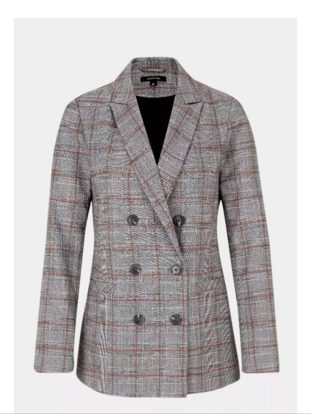 RW & CO Double-Breasted Plaid Blazer & Skirt Set- Gray/Brown